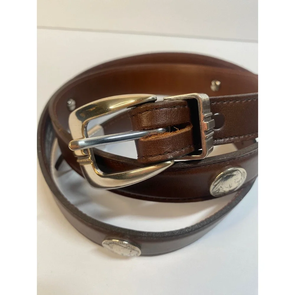Hand Finished Leather Buffalo Nickel Belt Mens 46 Brown Western Concho Silver